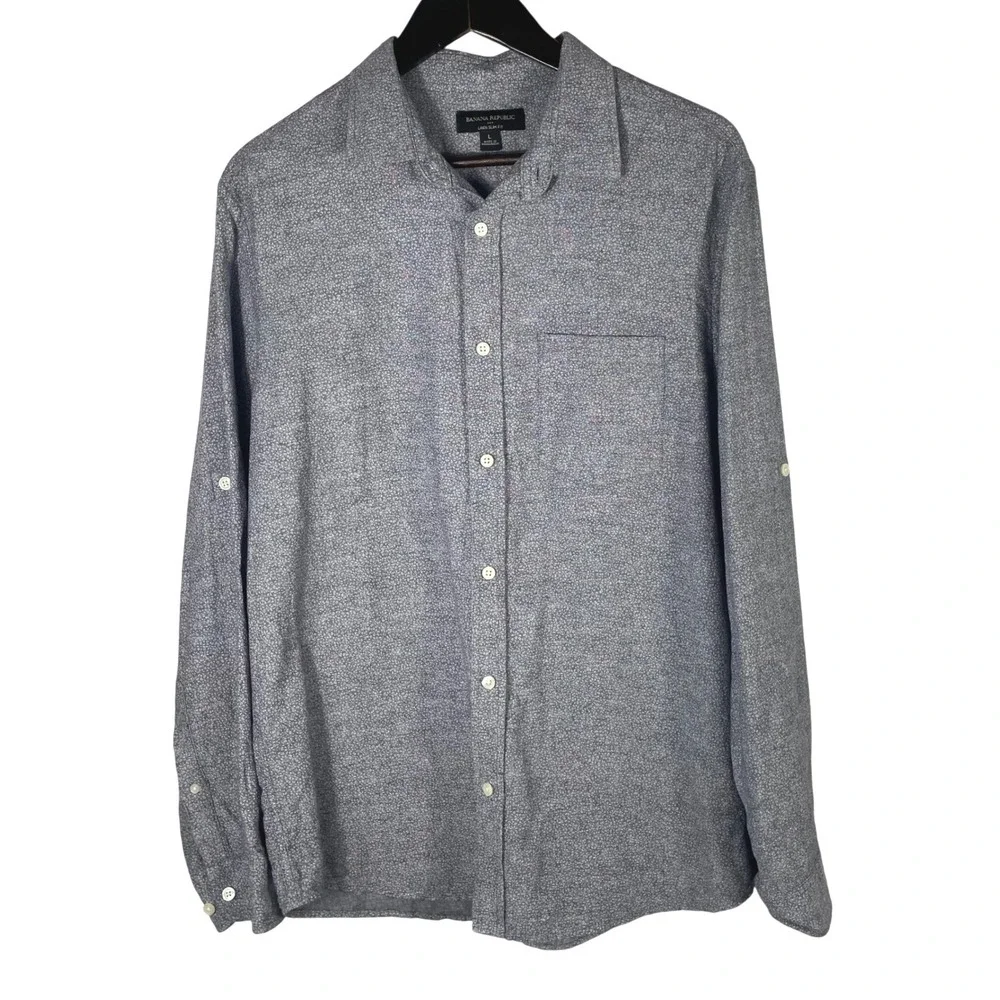 Banana Republic Men's Linen Blend Button Down Shirt Slim Fit Navy Combo Size L